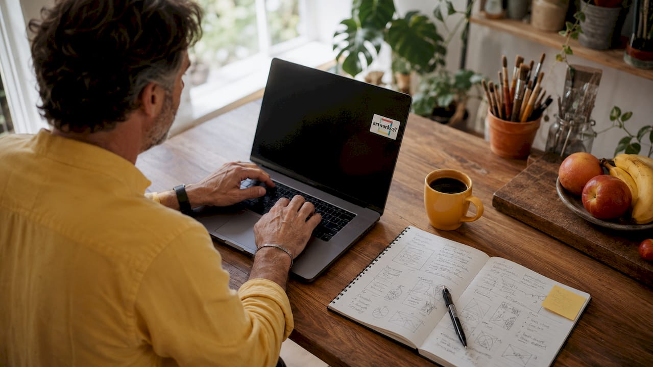 Artist hands typing SEO notes laptop keyboard