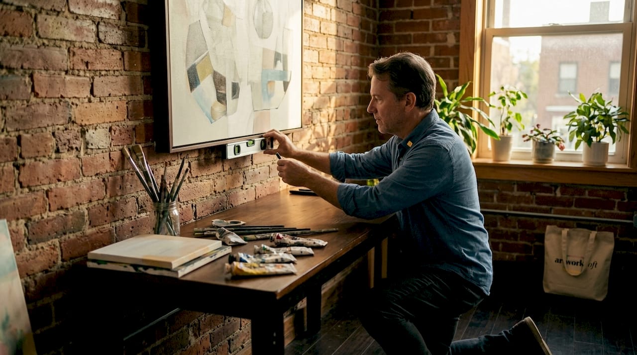 Man measuring artwork over sofa