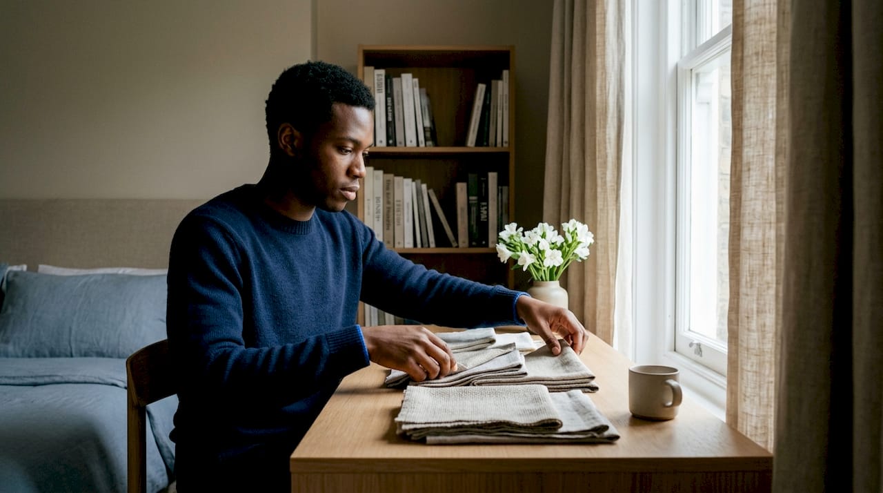 Man arranging linen fabric samples by bedroom window