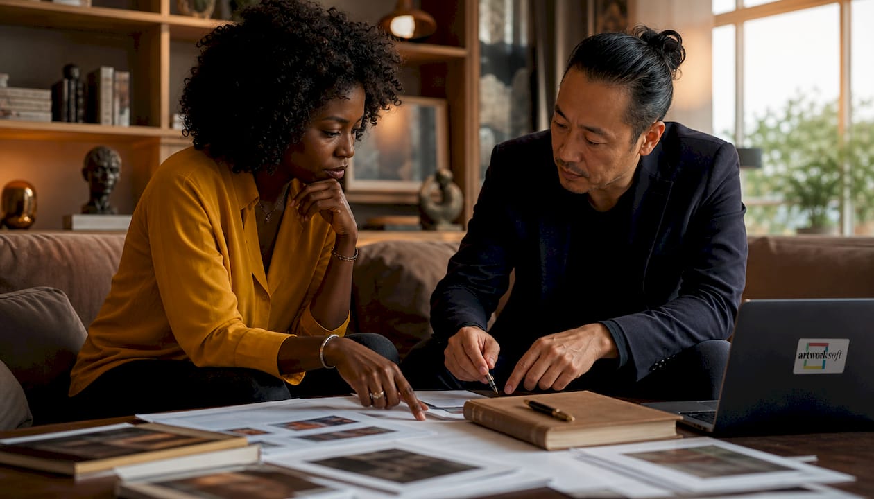 Collectors discussing art valuation methods in gallery