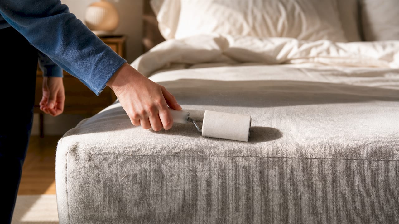 Close-up of lint roller removing dust from bed upholstery