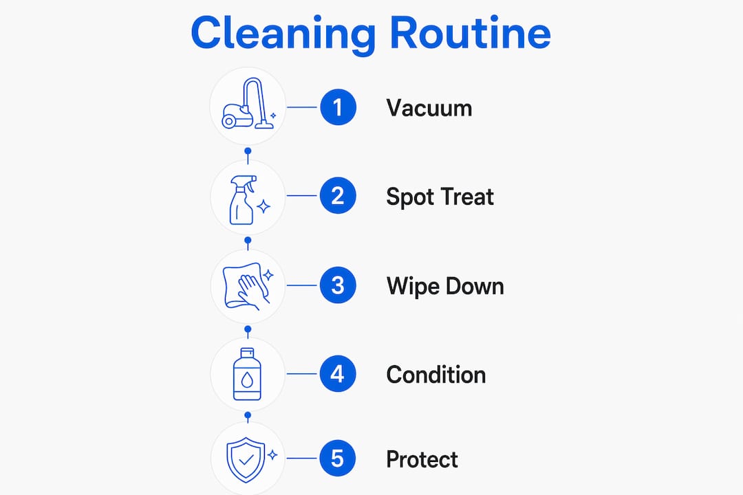 Infographic illustrating step-by-step cleaning routine for upholstered beds