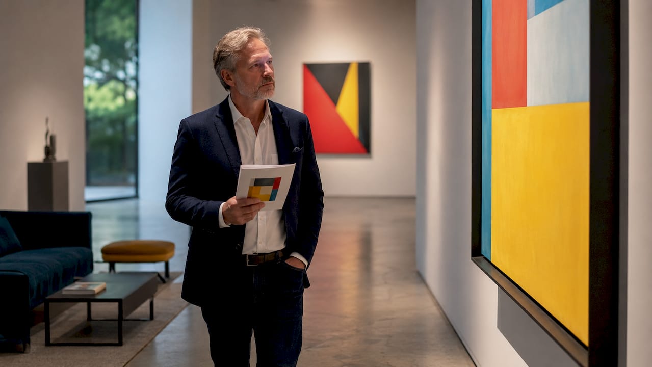 Man viewing painting in upscale gallery