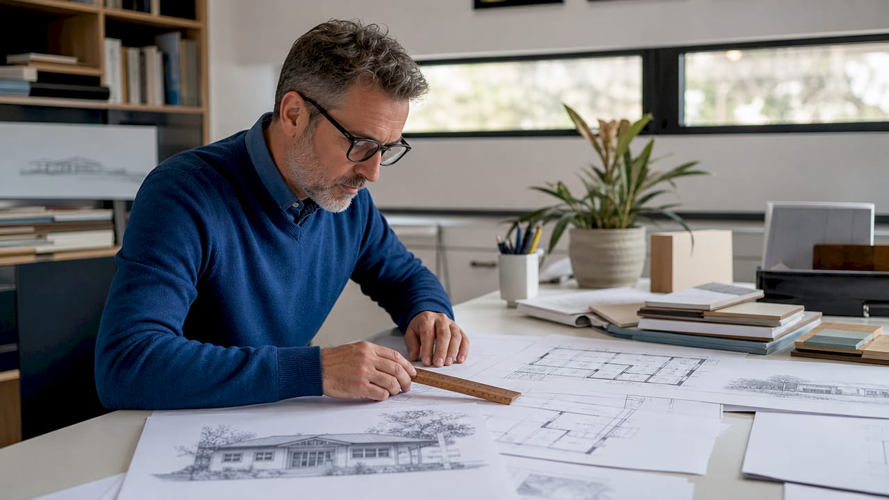 Architect reviewing 1970s ranch floor plans