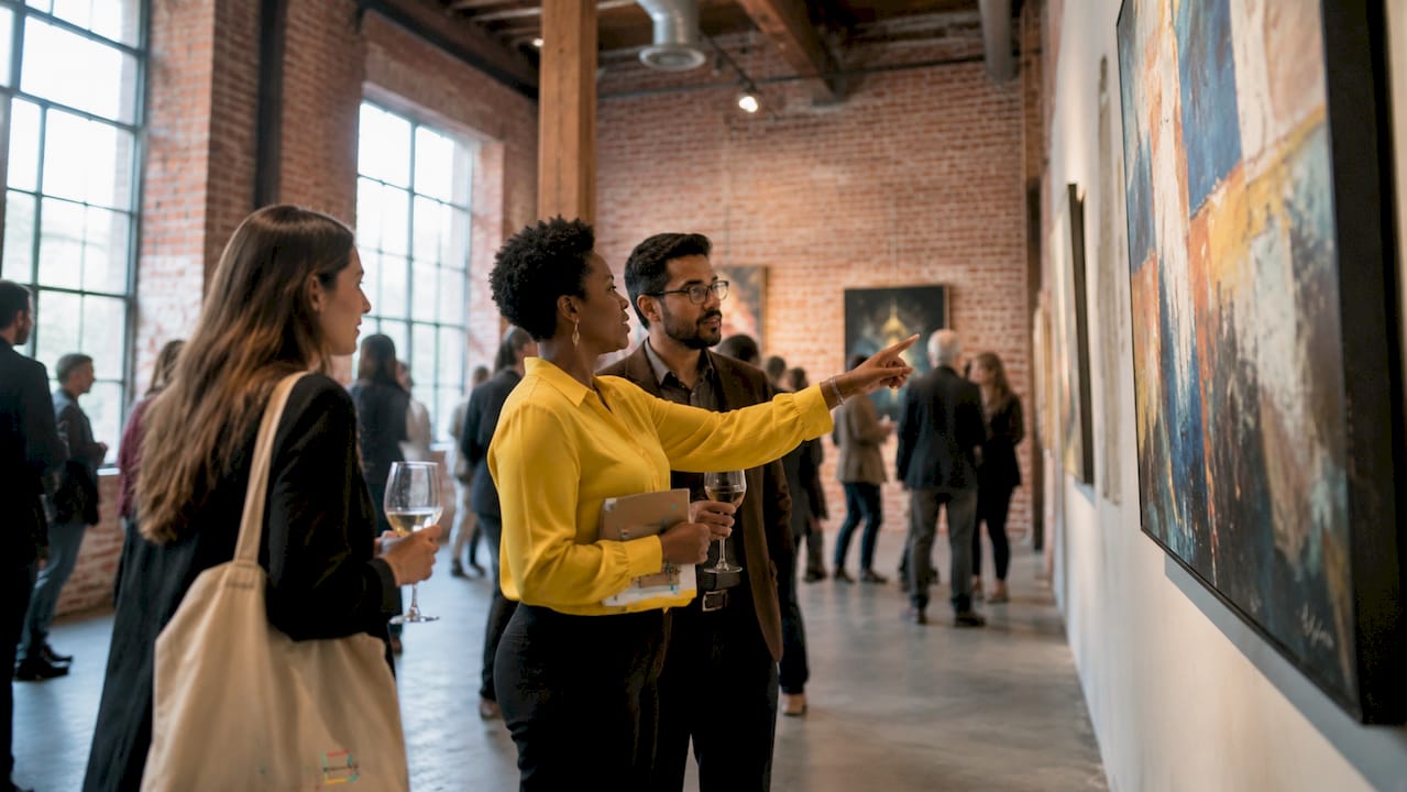 Hands adjusting artwork at auction preview