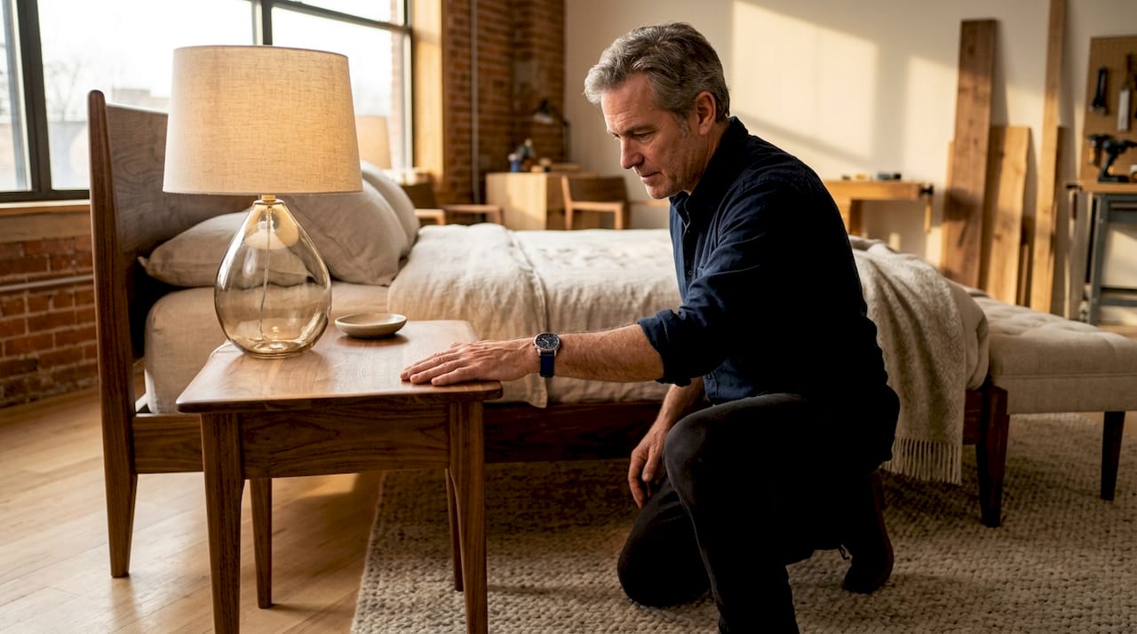 Man touching upholstered headboard in showroom
