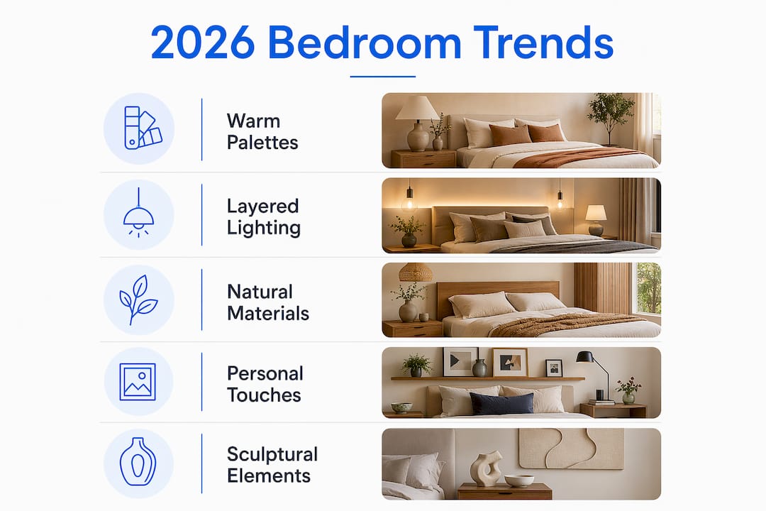 Infographic highlighting 2026 bedroom design trends