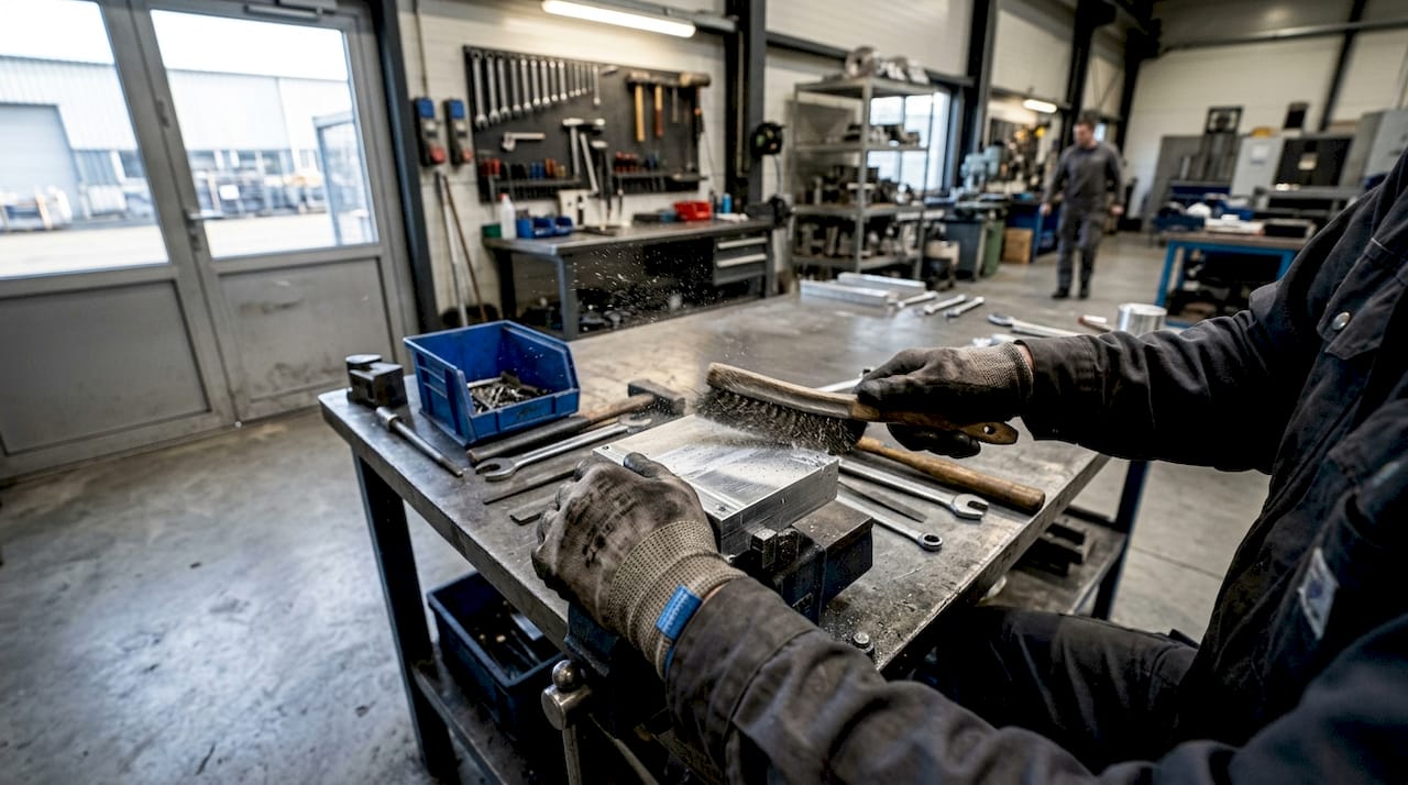 Craftsman using wire brush on nickel metal surface
