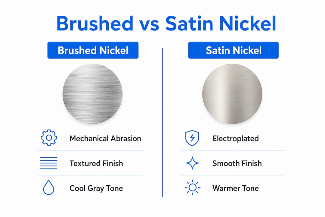 Infographic comparing brushed nickel and satin nickel finishes