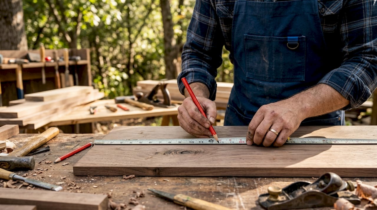 Hands measuring and marking wooden wall panel