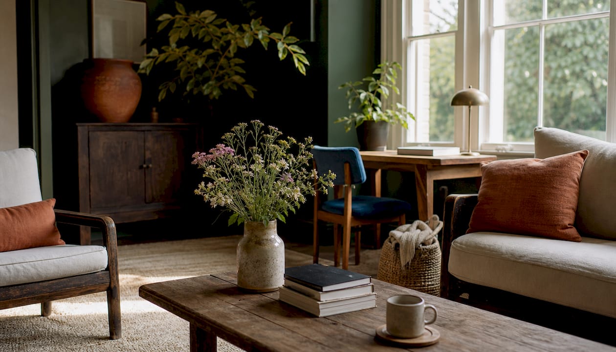 Living room with warm olive green walls and terracotta accents