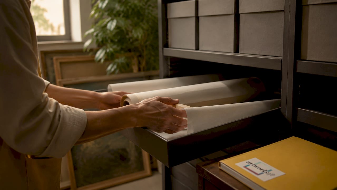 Hands placing artwork into archival storage box