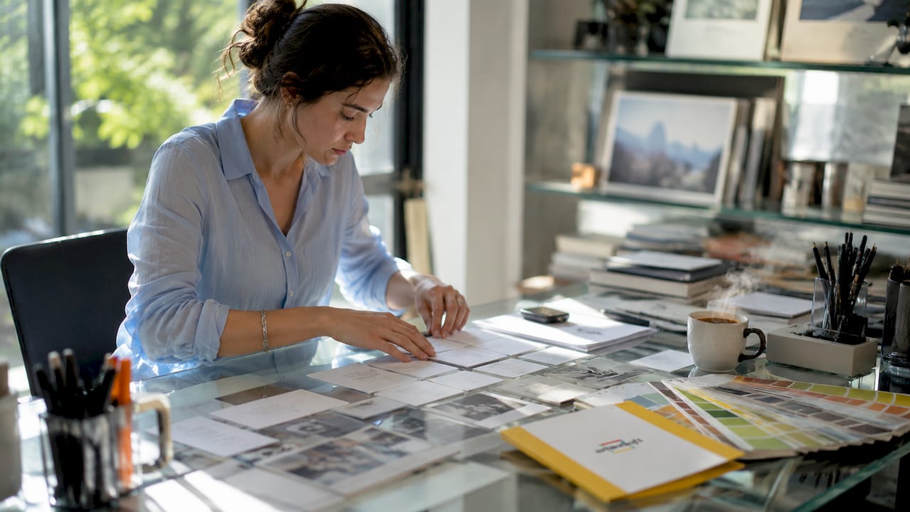 Curator arranging artwork listing title cards