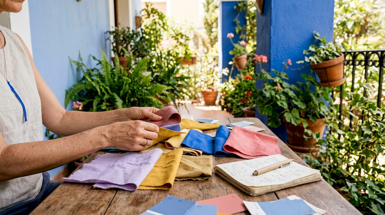 Hands comparing blue accent fabric swatches