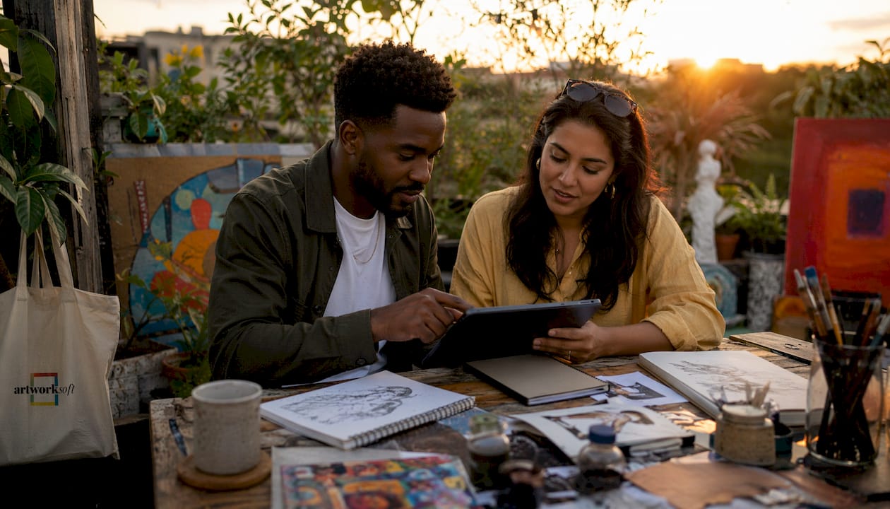 Collaborators reviewing virtual gallery metadata interface