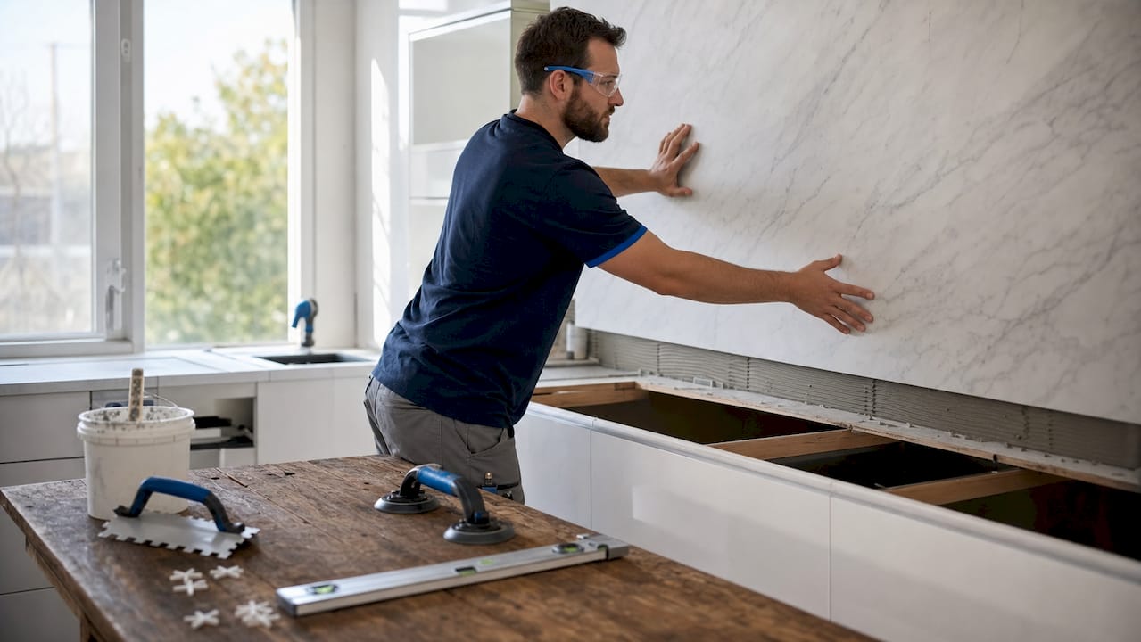 Craftsman installing full slab kitchen backsplash tile