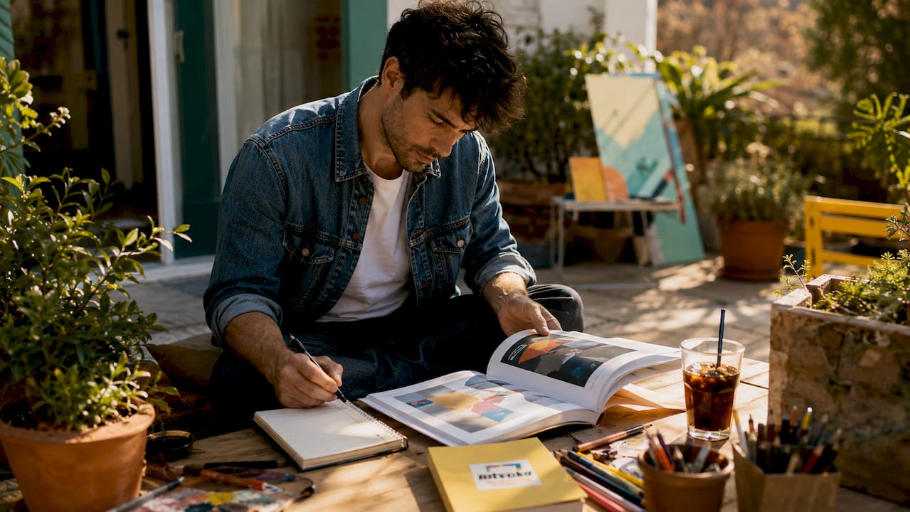 Man studying art guidebook in home studio