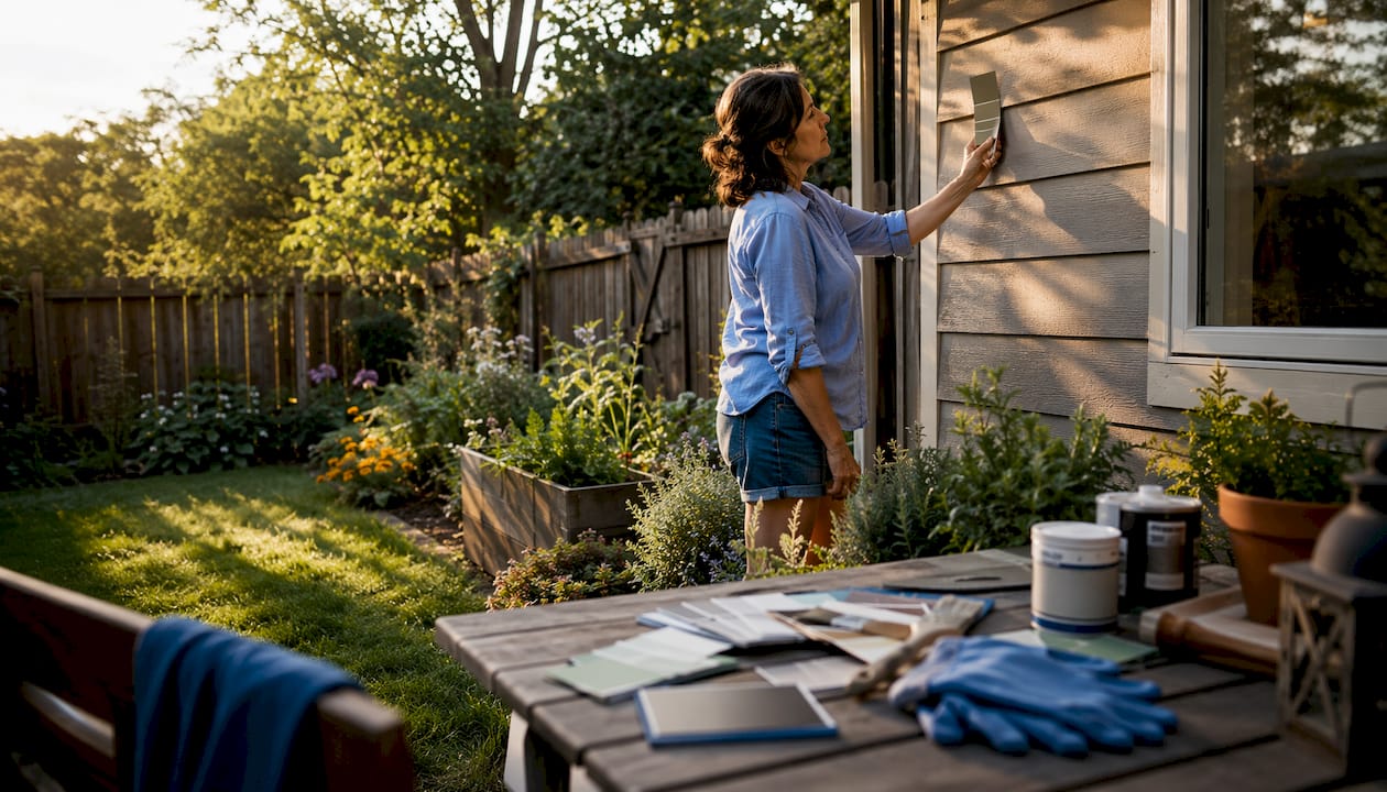 Woman comparing taupe paint chip on house exterior