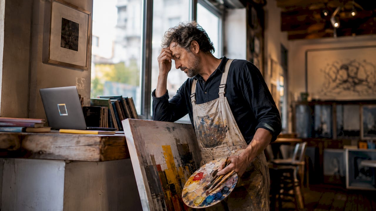Artist contemplating modern painting in studio