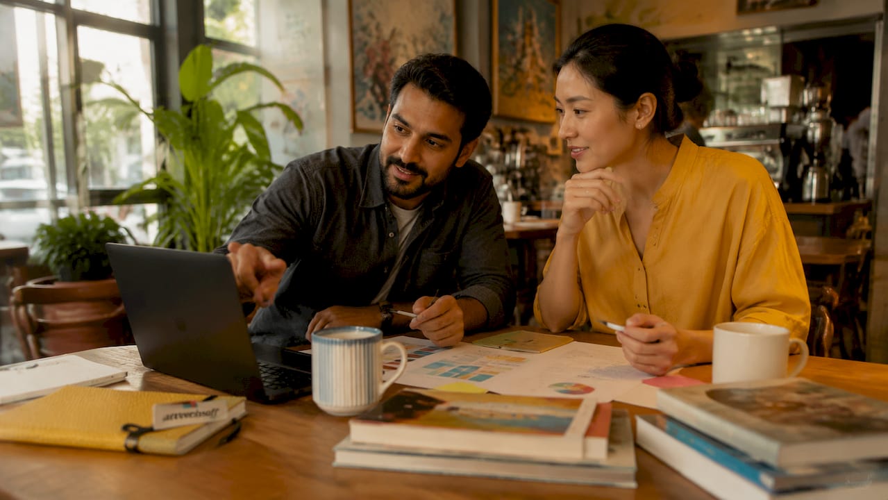Two art consultants discussing sales pipeline