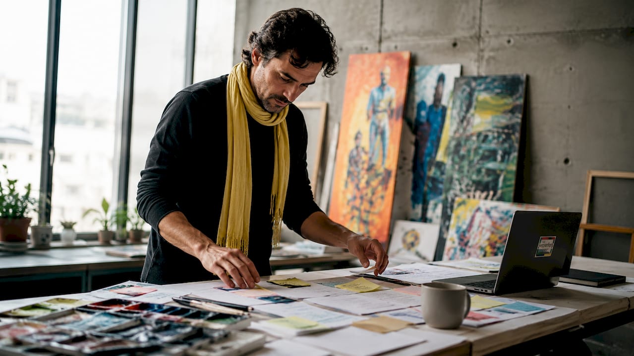 Artist organizing direct sales documents