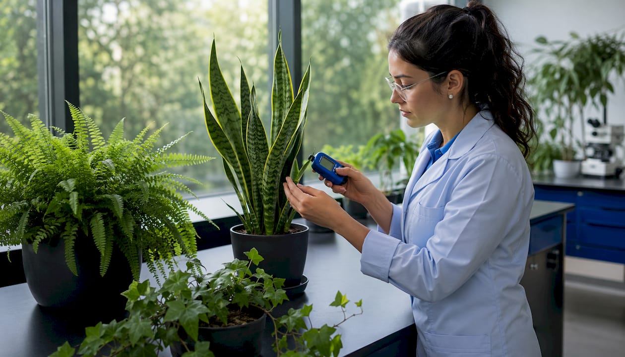 Botanist studying indoor plants and moisture levels in lab