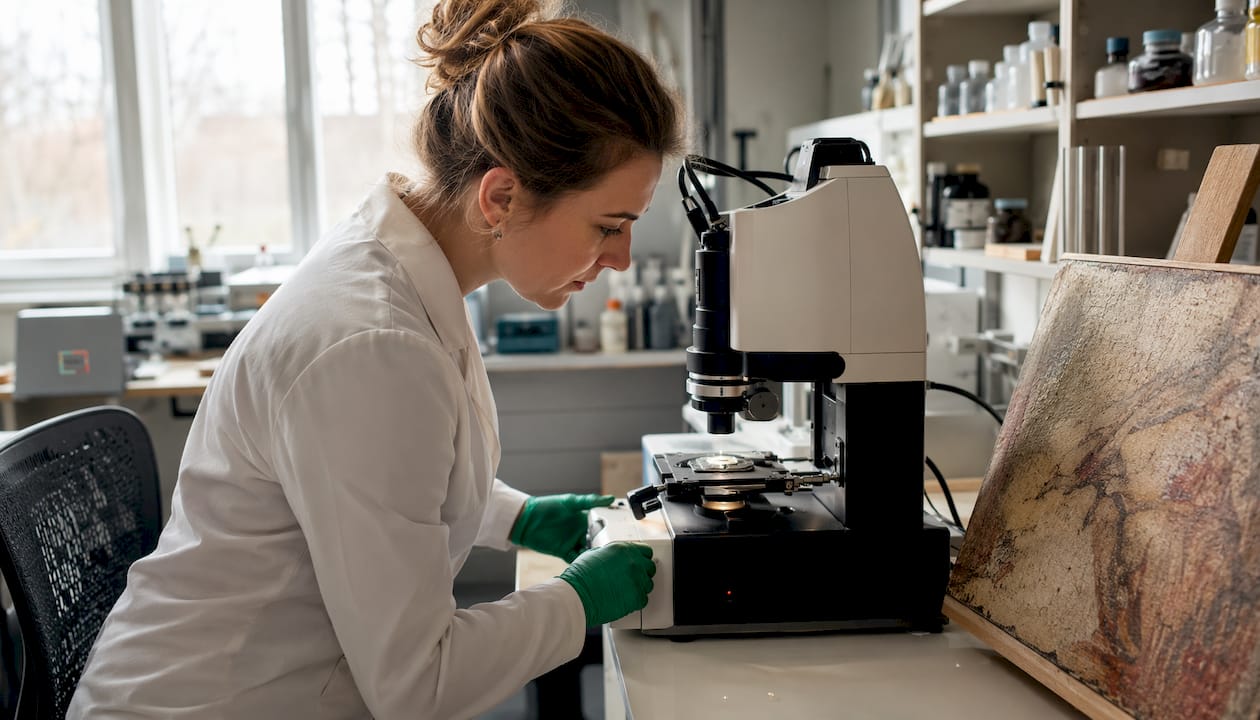 Lab technician analyzing painting pigments