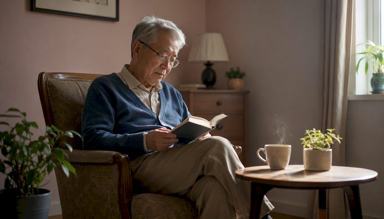 Elderly man reading in room with pastel gray and lavender walls