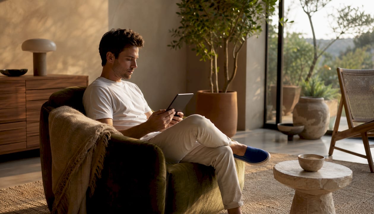Man using tablet in warm minimalist living space