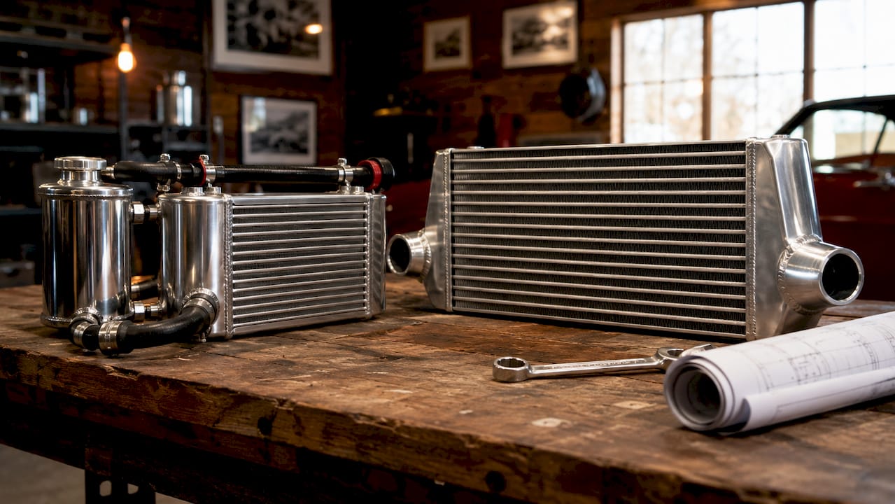 Side-by-side air-to-air and air-to-water intercoolers on table