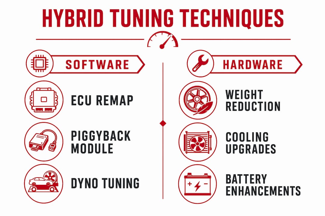 Infographic comparing hybrid tuning software and hardware techniques