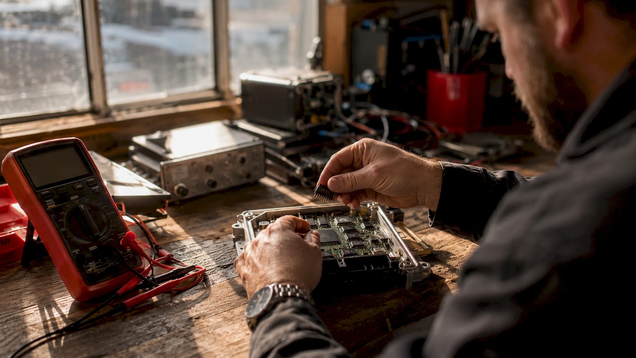 Hands swapping ECU chip module on workbench