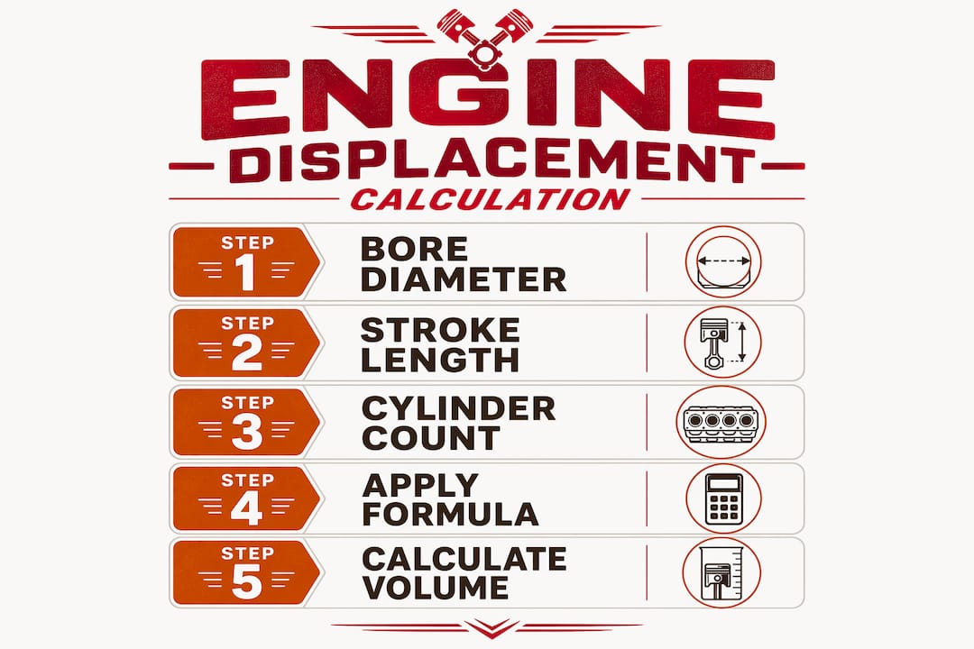 Infographic displaying steps to calculate engine displacement