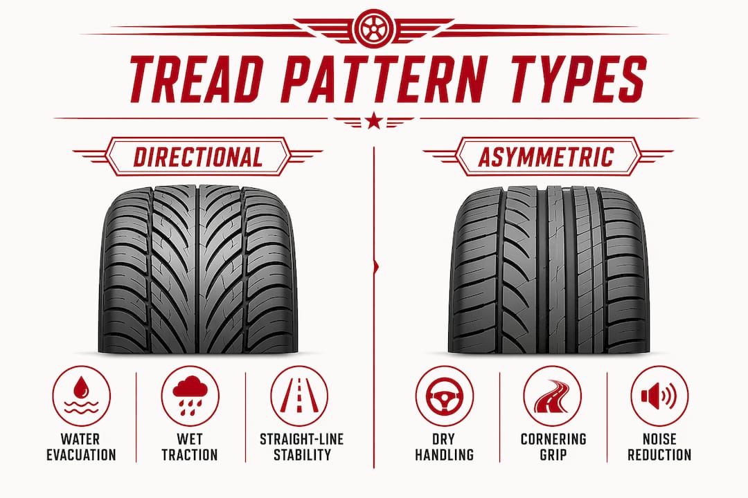 Infographic comparing directional and asymmetric tread patterns