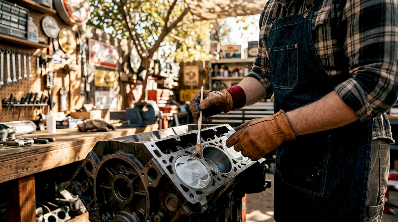 Hands applying ceramic engine treatment on engine