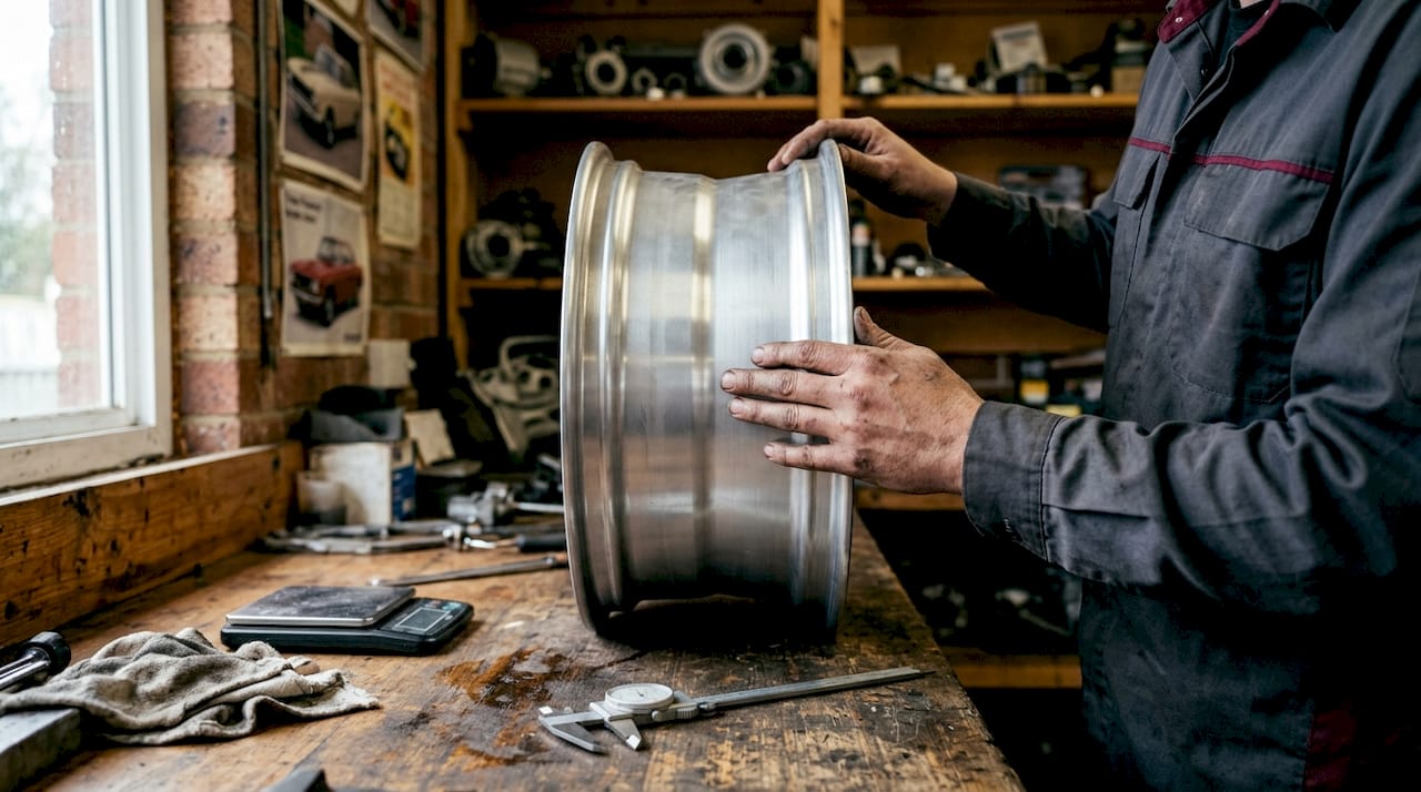 Technician inspecting flow-formed aftermarket wheel