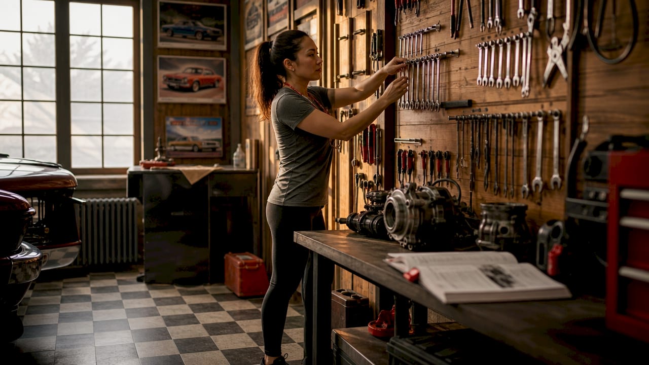 Woman organizing tools in clean car workshop