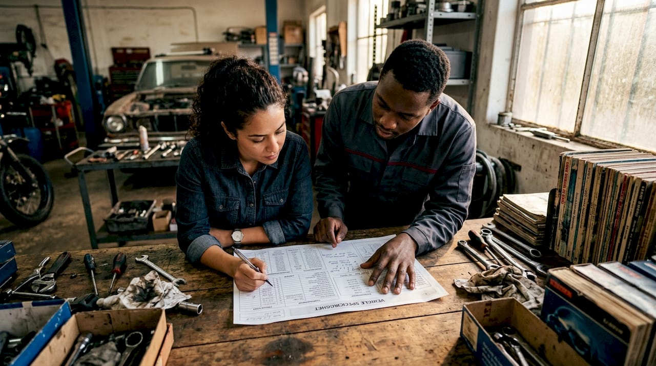 Hands reviewing vehicle info sheet for parts compatibility