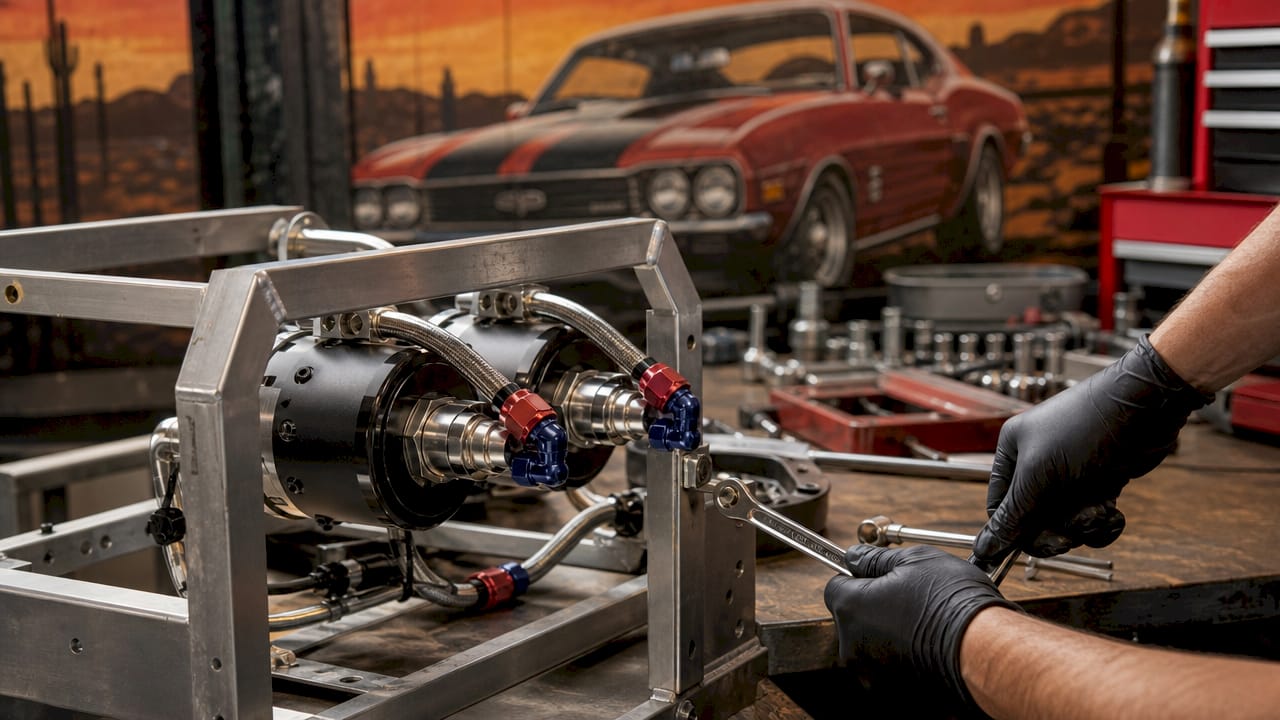Close-up of dual external fuel pumps being adjusted