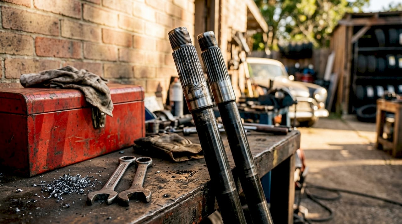 Chromoly 4340 axle shafts on workbench