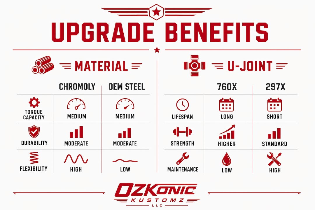 Infographic comparing axle shaft upgrade materials and U-joints