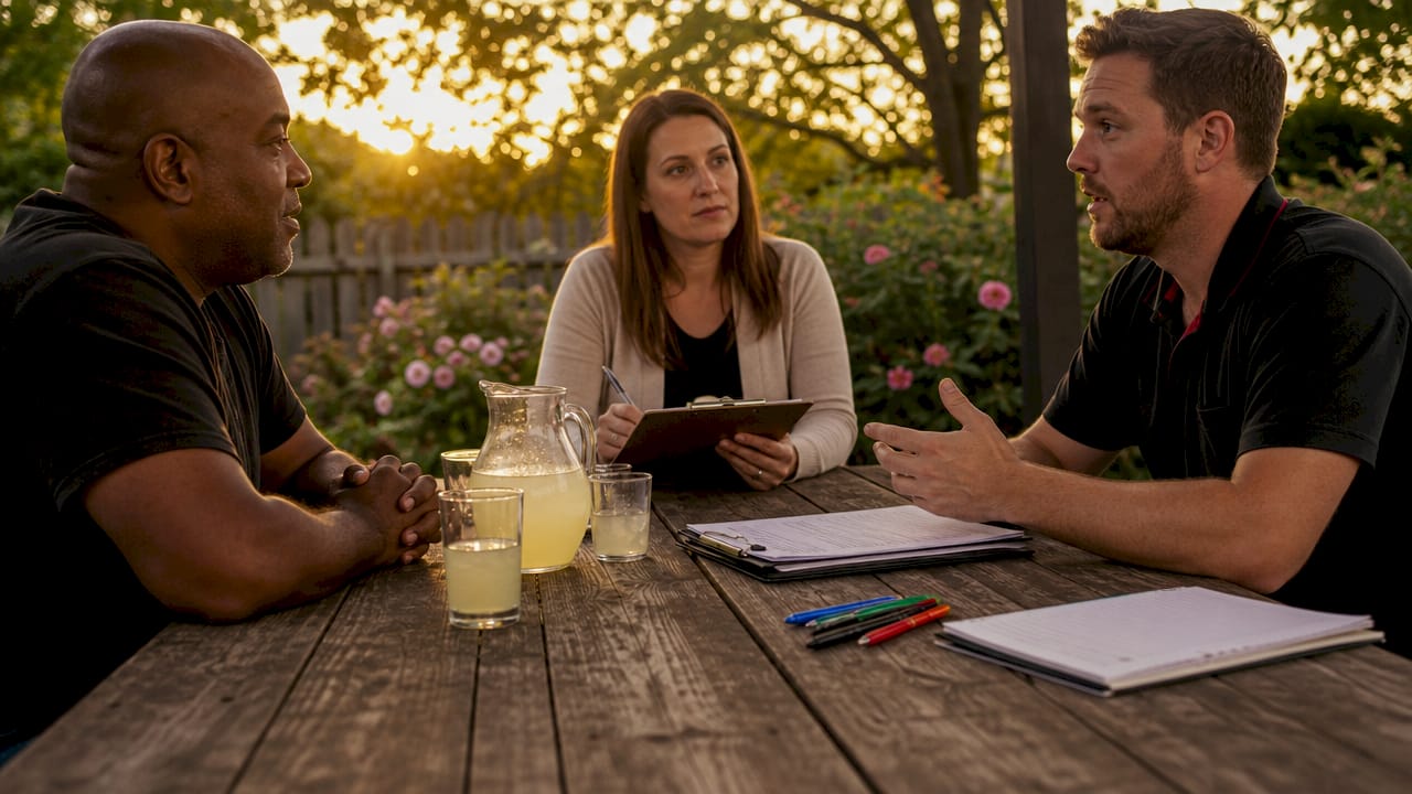 Consumer and repair shop mediator discussing dispute
