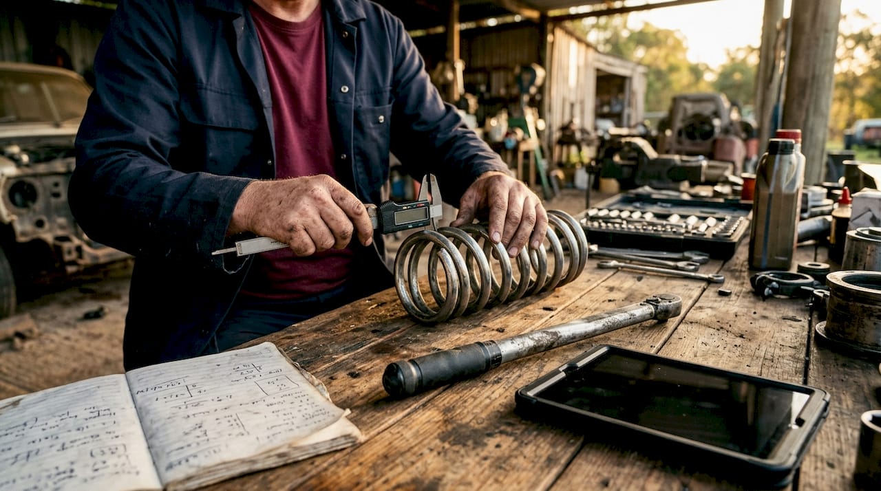 Hands measuring coil spring travel with caliper