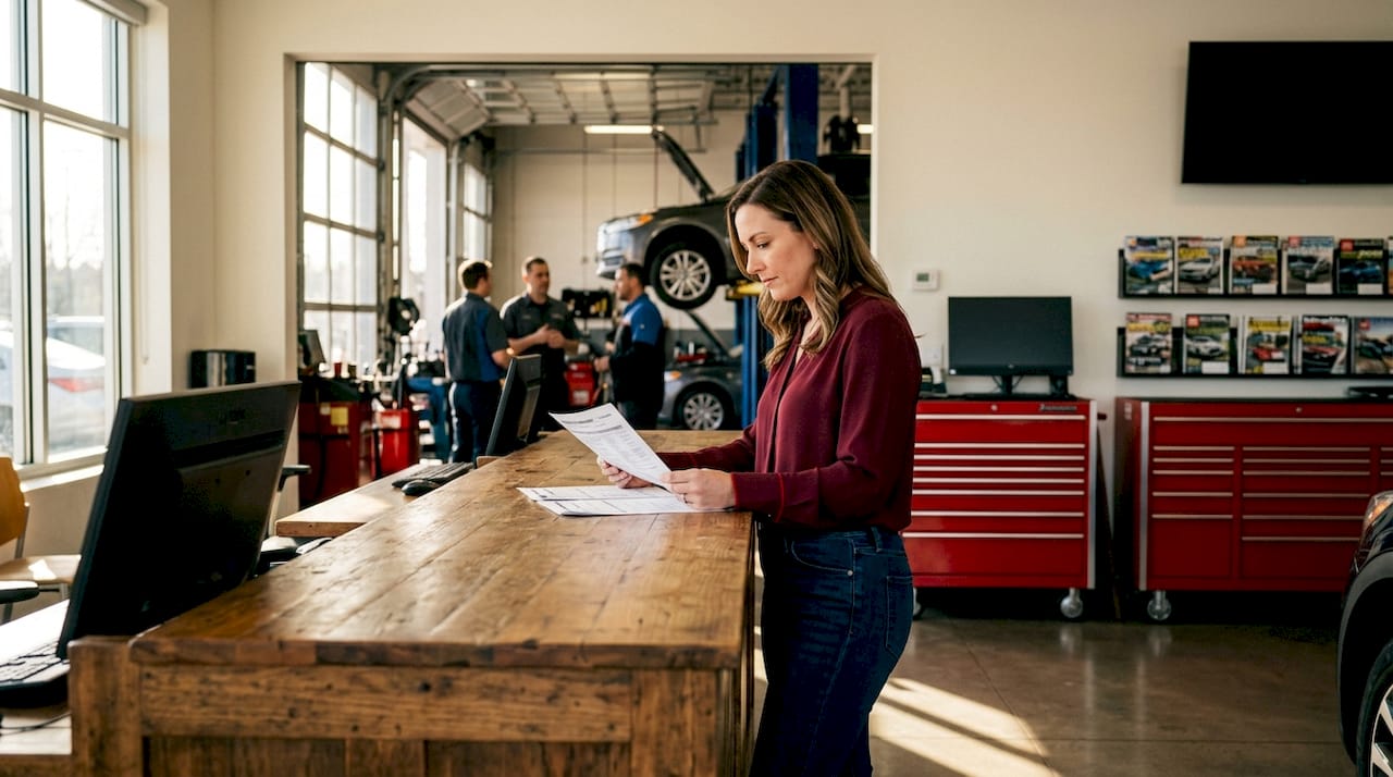 Service advisor reviewing vehicle diagnostic report