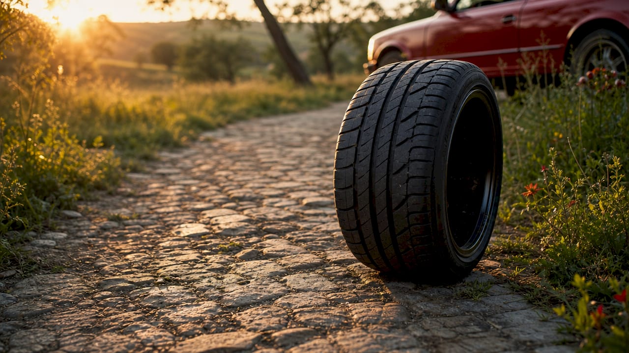 Close-up of performance tire tread and grooves