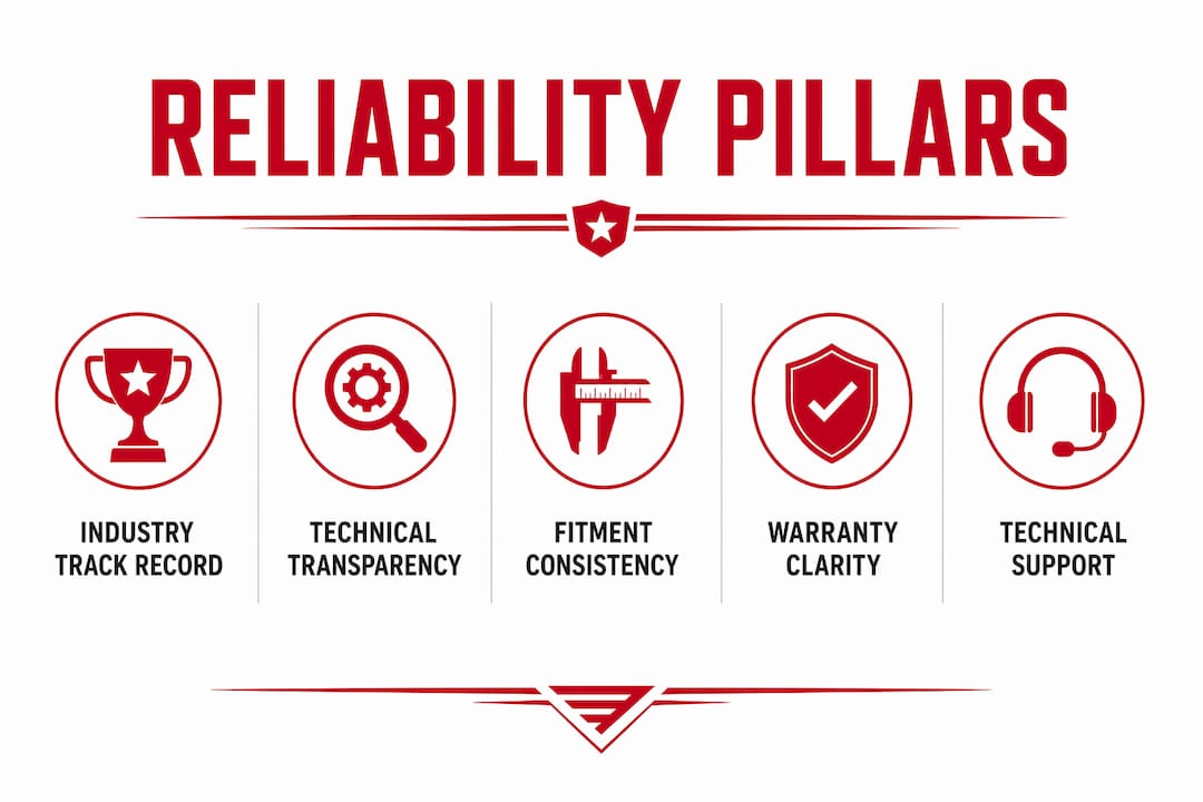 Infographic showing five key pillars of reputable aftermarket brands