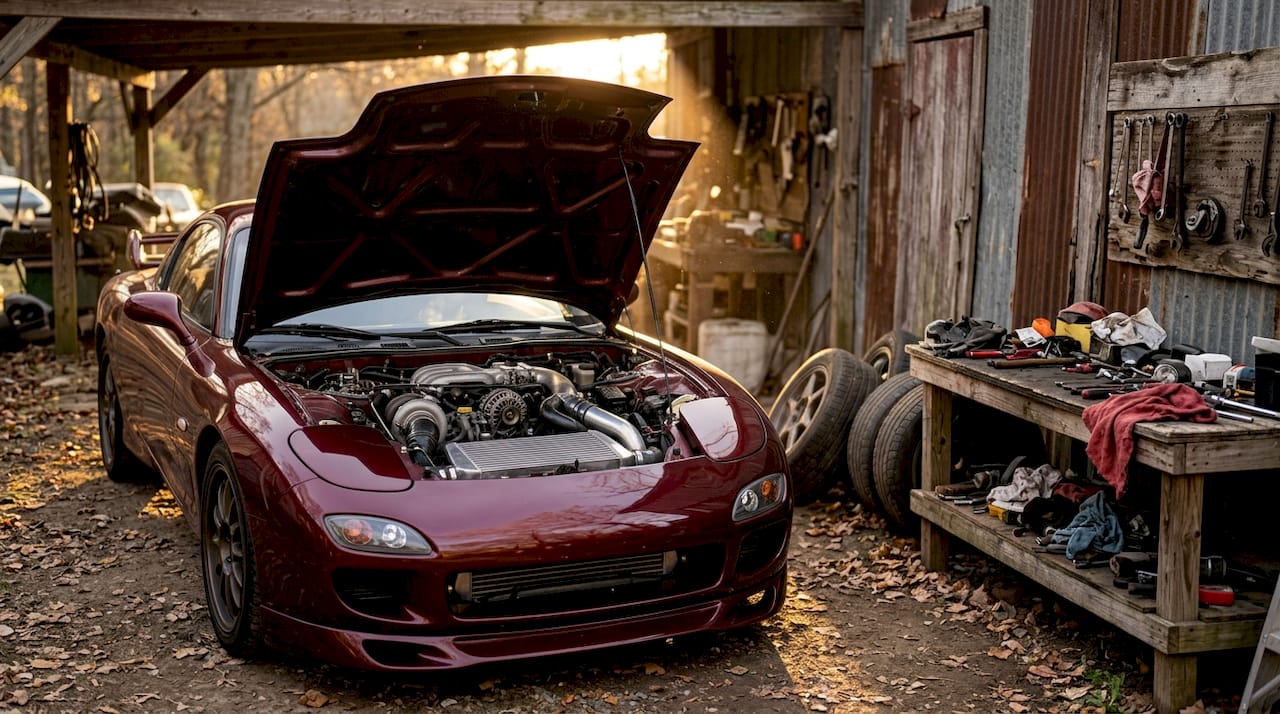 Close-up of sports car turbo engine in garage