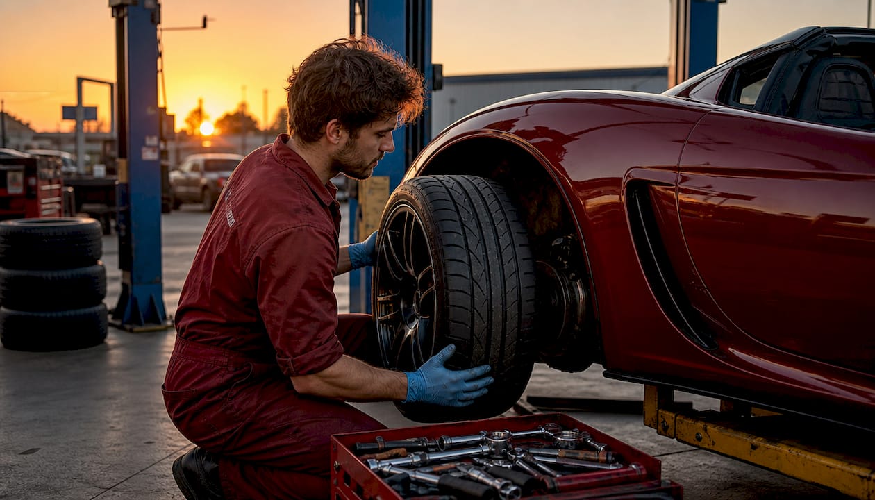Mechanic hands installing high-performance tire on car