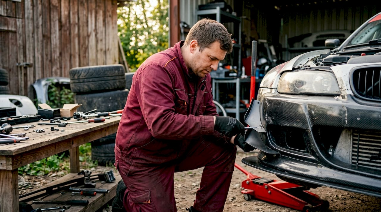 Technician installing vented front splitter extension plate