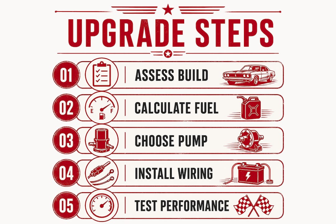 Infographic illustrating the fuel pump upgrade steps